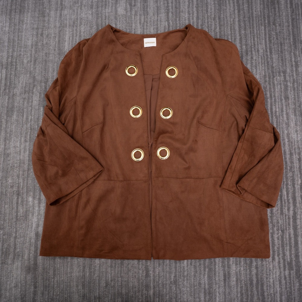Chico's Faux Suede Jacket Womens 2 Brown Excellent Grommet Open Front 3/4 Sleeve
